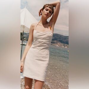 ZARA beaded mini white dress stretch linen blend size M summer
